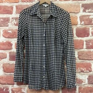CAbi Top Women's M Blue Polka Dot Check Mesh Stretchy Sheer Casual Shirt